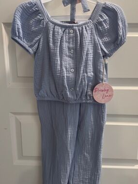 NWT Paisley Lane Light Blue Muslin 3 pc set - top pants barrette